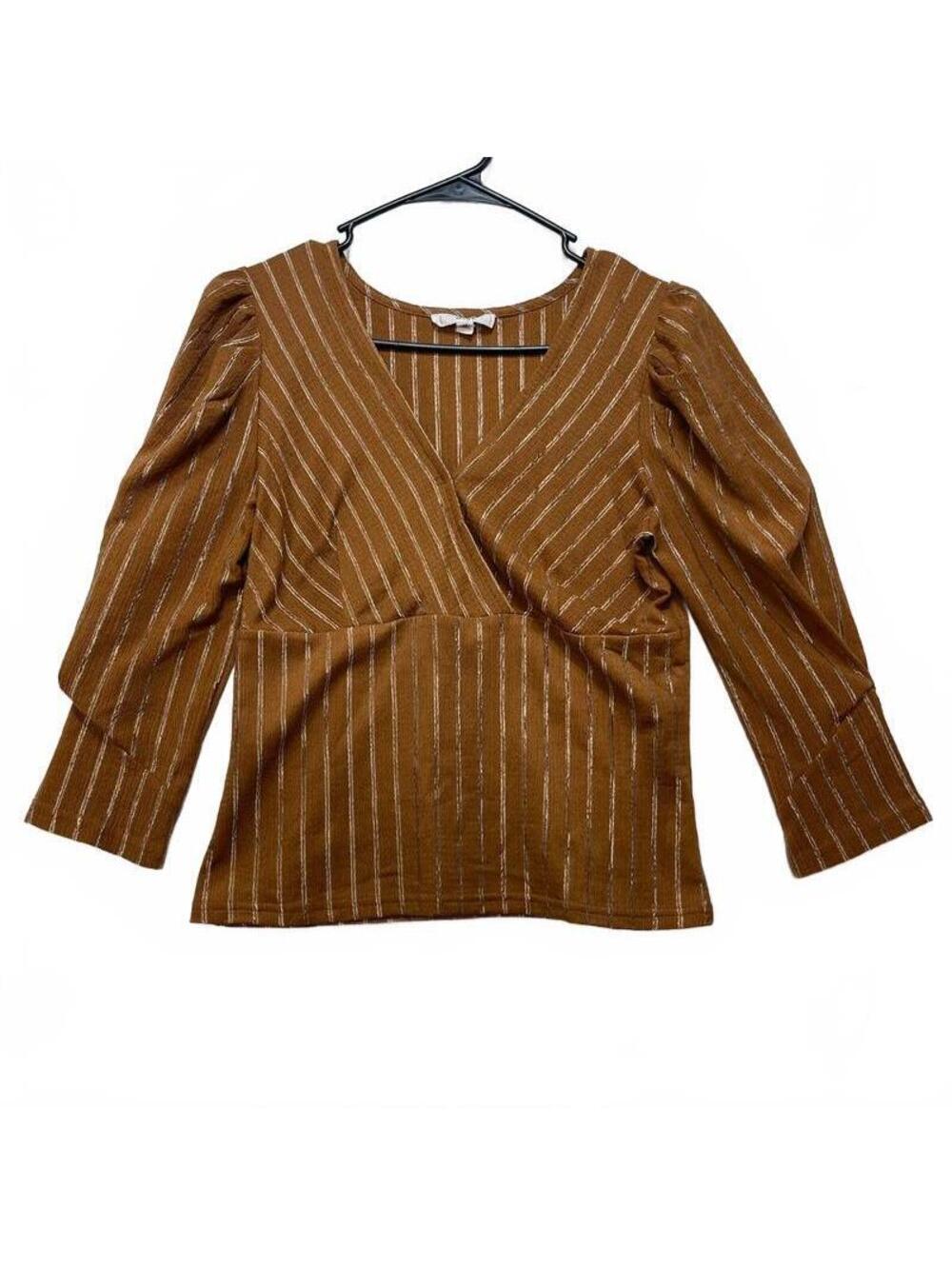 Mine Women's Brown Stripe Surplice Blouse Puff Sleeve Medium